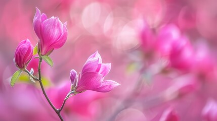  A pink flower, tightly framed, on a branch against a softly blurred backdrop of pink blooms A green stem anchors the scene in the foreground