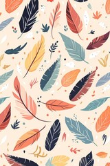 Naklejka premium Autumn-Colored Feather Pattern on White Background Featuring Various