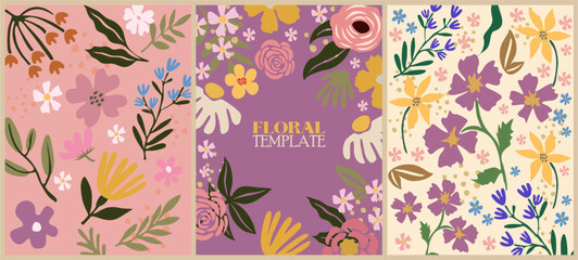 Floral backgrounds colorful set. Elegant botanical backdrop with different blooming flowers and leaves. Vertical poster, greeting card, banner, flyer template. Vector art illustrations.