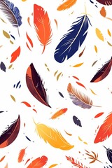 Fototapeta premium Autumn-Colored Feather Pattern on White Background Featuring Various