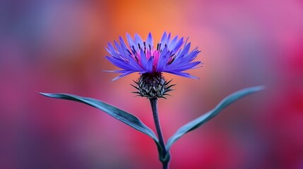  A tight shot of a purple bloom against a hazy backdrop of red, orange, and blue blossoms, accompanied by a verdant stem in the foreground