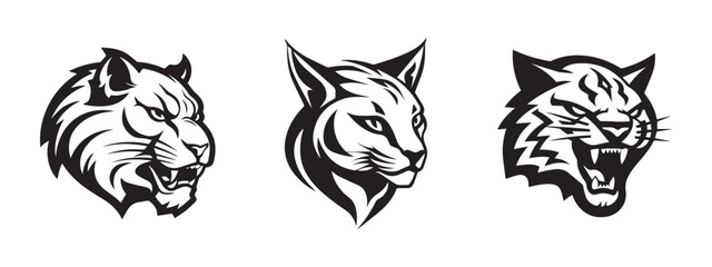 Black vector bobcat mascot logo icons set on white background
