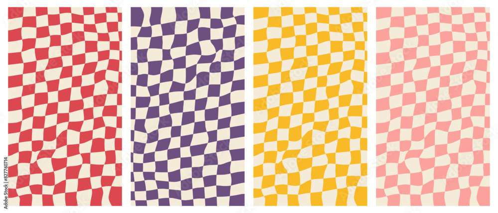 Poster vector set of groovy poster set. vertical checkerd backgrounds in trendy retro 70s style.