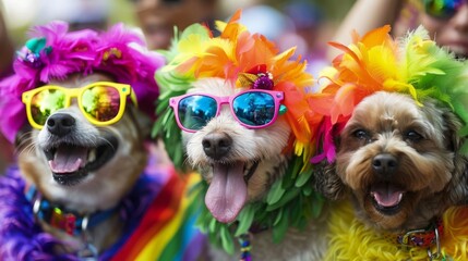 Three dogs wearing sunglasses and flower headbands are smiling
