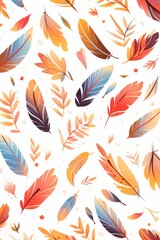 Autumn-Colored Feather Pattern on White Background Featuring Various
