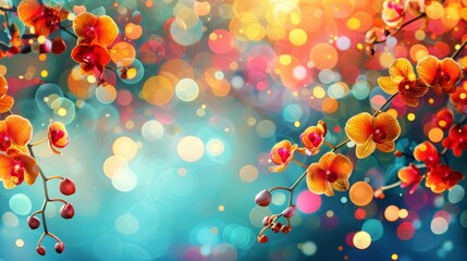  A flower in focus on a branch against a backdrop of softly lit background lights Foreground features a tree branch with orange blooms subtly blurred