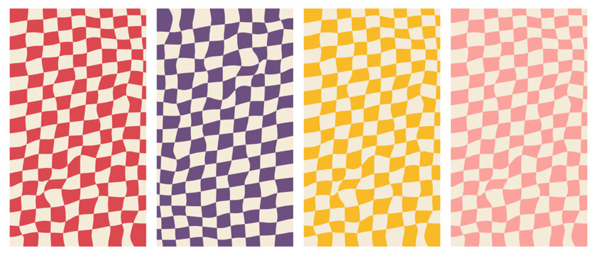 Vector set of groovy poster set. Vertical checkerd backgrounds in trendy retro 70s style.