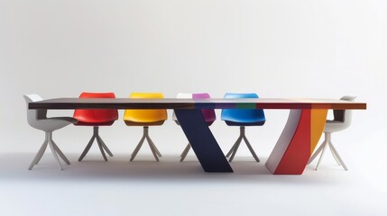 A long table with a variety of colorful chairs around it