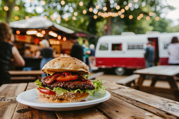 A juicy burger with a patty, cheese, and bacon on a plate on a wooden table at a gastronomic festival. Perfect for advertising food trucks, street food, and culinary events.