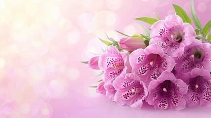  A bouquet of pink orchids against a pink and white background with a soft blur of light (Repeated boke was likely meant to be bokeh, which