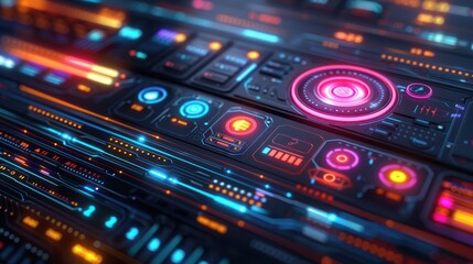 Obraz premium Futuristic digital interface with vibrant neon colors, displaying complex data and interactive graphical elements in a sci-fi style.