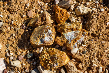 Samples of flints with kidney-shaped chalcedony covered with a whitish coating, rockhounding at a quarry