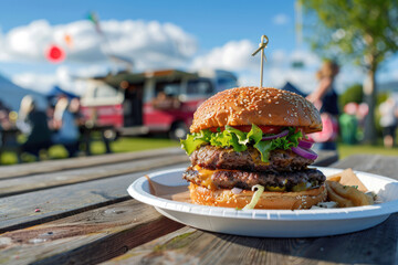 A juicy burger with a patty, cheese, and bacon on a plate on a wooden table at a gastronomic festival. Perfect for advertising food trucks, street food, and culinary events.