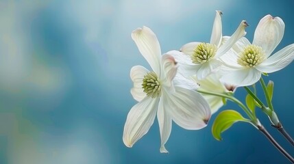  A close-up of a white flower on a stem against a blue sky background