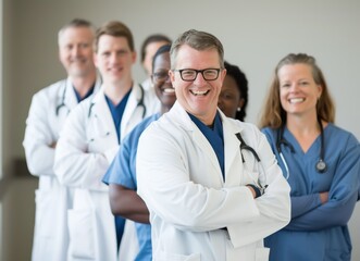 Fototapeta premium A group of smiling doctors standing in front 