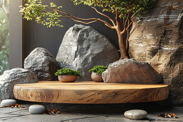 Wood pedestal in tropical forest for product presentation and dark green wall.3d rendering