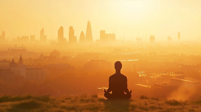 Man Meditating at Sunrise with London Skyline Silhouette