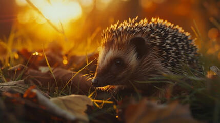 Fototapeta premium Twilight Encounter: Garden Hedgehog Up Close. Generative AI