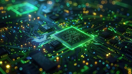 Obraz premium Close-up of a glowing green circuit board depicting technology, electronics, and the intricacies of modern computing and digital connectivity.
