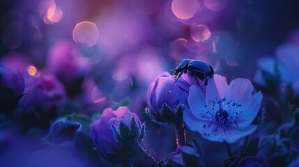  A bug perches atop a solitary purple flower, surrounded by a sea of similar blooms The background...