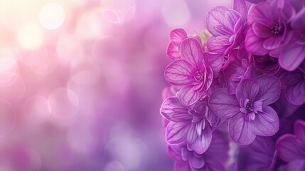  A tight shot of numerous purple blooms against a blurred backdrop of pink Bokeh effect from the top center, where light sources radiate