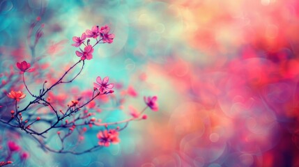  A sharply focused tree with pink flowers in the foreground and a softly blurred background of blue, pink, and red blooms