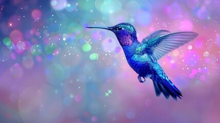  A hummingbird flies against a blurred background, surrounded by a constellation of pink, blue, green, purple, and two shades of pink stars