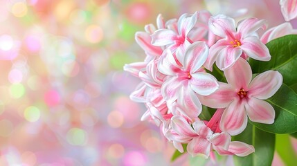  A lush green plant with a bunch of pink flowers sits in front of a pink and white backdrop featuring a soft, blurred bokeh effect