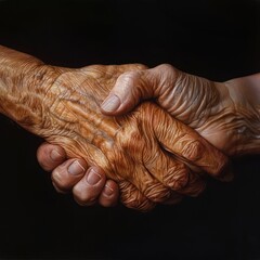 Fototapeta premium Close-up of elderly hands holding each other, symbolizing care, support, and intergenerational connection on a dark background.