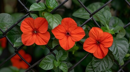  A tight shot of three red flowers against a chain-link fence Green leaves border the other side Red blooms peek from that side, too