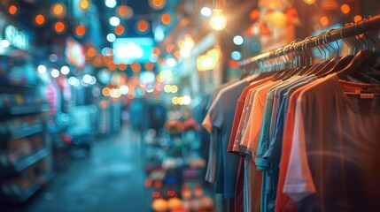 A row of shirts hanging on a rack in front of a store Behind, an urban scene at night - lights twinkling, people strolling
