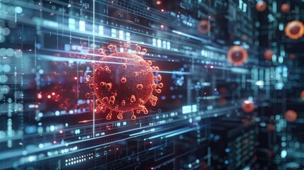 Obraz premium Digital representation of a virus amidst a technological data background, illustrating the intersection of biology and information technology.