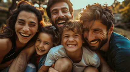Portrait of a happy family having fun in the park on a sunny day. A young family with children spend time together outdoors. Lifestyle.