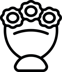 Black and white line art of a sad cartoon flower pot with three flowers