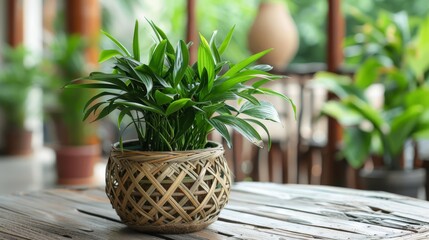  A potted plant atop a wooden table, surrounded by others Nearby, a window is framed by a wooden railing