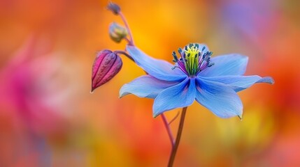  A tight shot of a solitary blue blossom against a softly blurred backdrop of red, yellow, and blue flowers