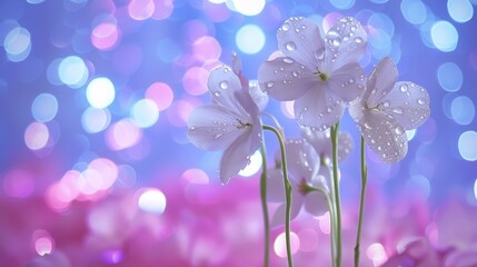  A tight shot of various flowers with water droplets on their petals, set against a backdrop of blue and pink The background includes softly blurred lights