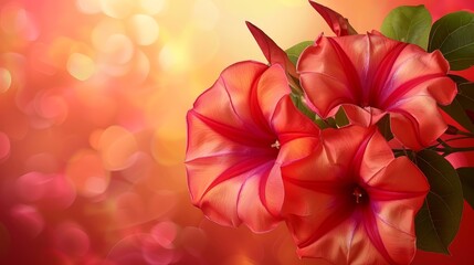  A red flower on a red and yellow background, its green leaves contrasting against the blurred, intermingled boke of red and yellow light