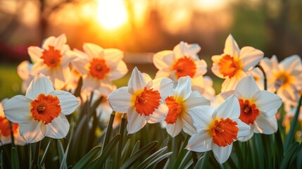  A field of white and orange flowers against a sunset backdrop The grass in front, a blend of green, orange, and white