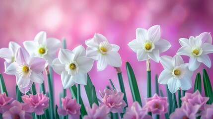  A collection of white and pink blossoms sits atop a purple and pink backdrop, with a center arrangement featuring white and pink blooms