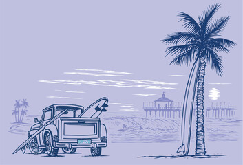 Beach landscape illustration with waves, surfer and surfer car. Art in free and uncluttered lines.