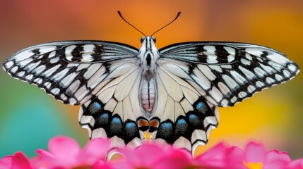  A close-up of a butterfly atop a flower against a blurred backdrop of pink blossoms and a mosaic of green, yellow, blue, black, white,