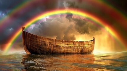  A large boat floats on a body of water, with a rainbow arching above it Behind the water, another rainbow graces the sky