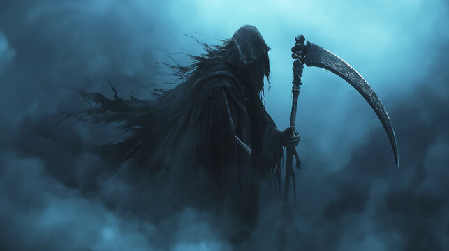 A shrouded figure with a scythe emerges from the thick fog, representing the mystical reaper. - Powered by Adobe