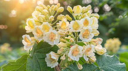  A yellow and white flower cluster blooms on a green plant, surrounded by trees with sunrays filtering through their leaves