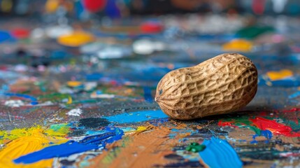  A solitary peanut atop a table, surrounded by copious amounts of paint and paintbrushes, splattered haphazardly along its edge