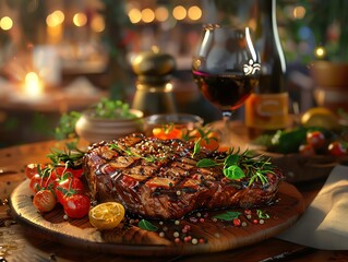 Highangle of a steak dinner with wine, restaurant setting, AIgenerated, cozy and delicious atmosphere