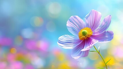  A purple flower with a yellow center against a blue-pink background The flower's center and tip are yellow