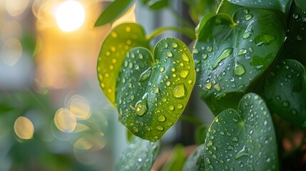  A close-up of a green plant with water droplets on its leaves Sunlight shines through the window, illuminating a background drop of light within each dewdrop