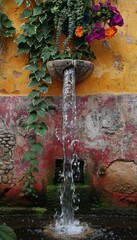 A fountain with flowers and plants in front of a yellow wall.